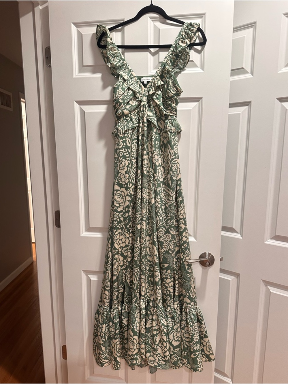 Heartloom Green and Cream Floral Ruffle Maxi Dress